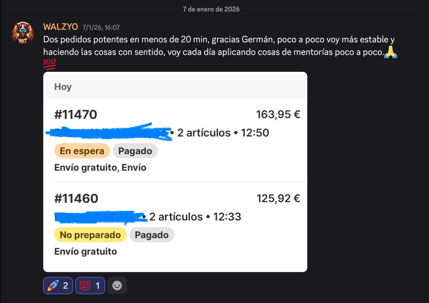 Captura de resultados de WALZYO: 289 € Dos pedidos en menos de 20 minutos